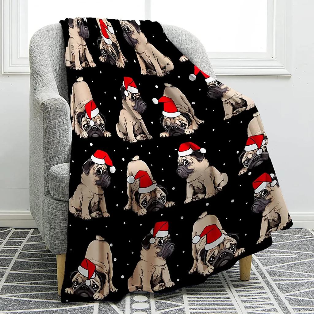 Cute Pet Pug Dog Print Blanket Soft Colorful Flannel Throw Blanket for Sofa Chair Bed Office Travelling Camping Lightweight