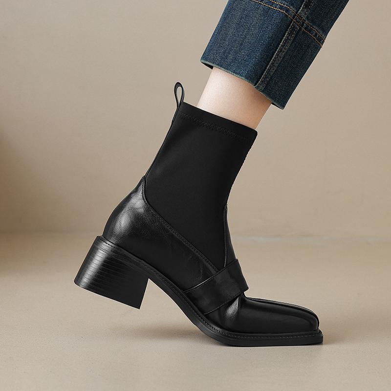 Big Size 40 41 42 43 Autumn Winter New Patchwork Ankle Boots for Women Square Toe Block High Heels Slip on Elastic Socks Booties