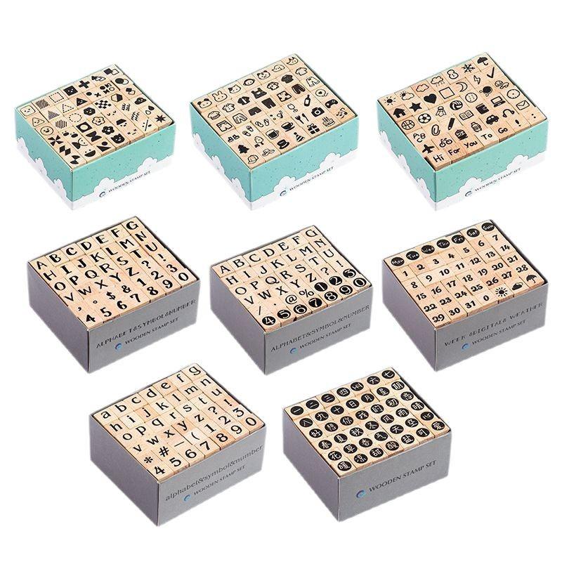 42-Piece Wooden Stamp Set: Numbers, Letters, Geometric Shapes & Happy Party Series