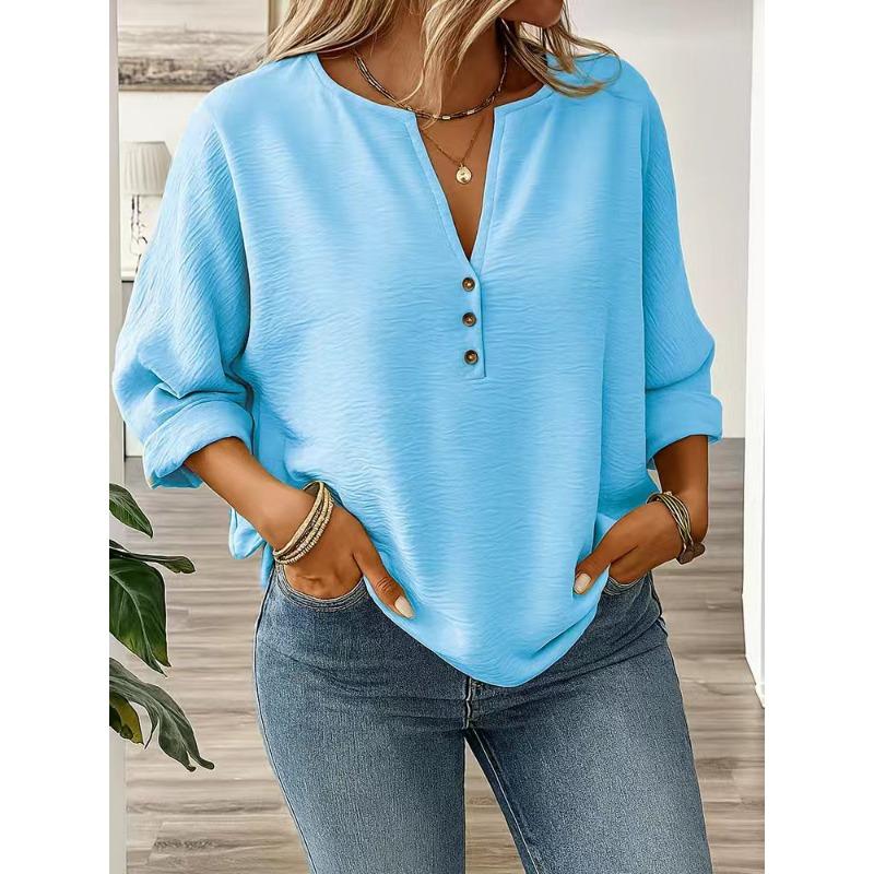 New Women's Casual Long-sleeved V-neck Door Barrel Regular Clean Multi-color Top T-shirt