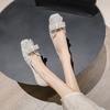 Single shoes women's new rhinestone bow square head flat shoes shallow mouth soft sole Doudou shoes large size