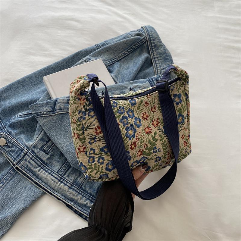 Stylish Casual Artistic Printed Crescent Bag In Deep Blue And Cream For Trendy Outings