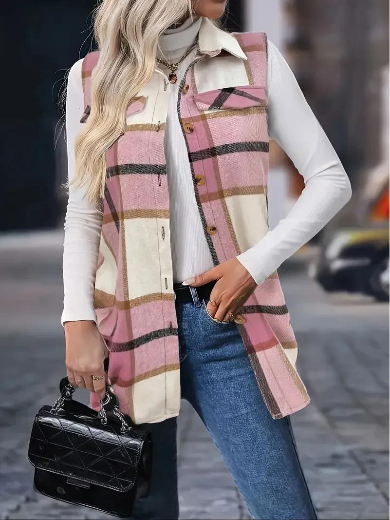 Женский клетчатый жилет-куртка без рукавов большого размера 3XL