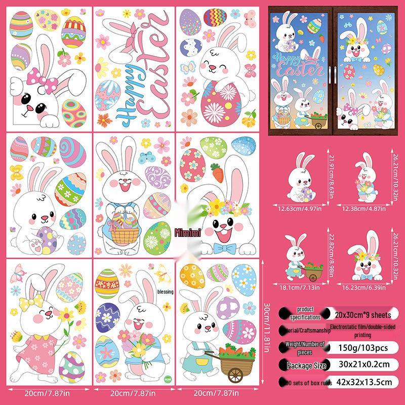 Cartoon Rabbit & Colored Eggs Static Cling Window Decor Stickers for Easter
