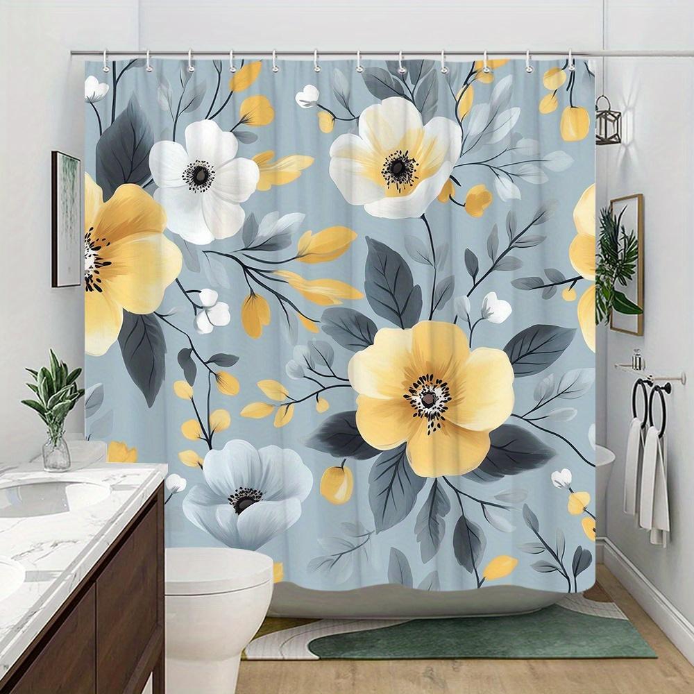 1Pc Yellow And White Peony Floral Shower Curtain With Hooks, Machine Washable Polyester, Suitable For Bathroom Decoration