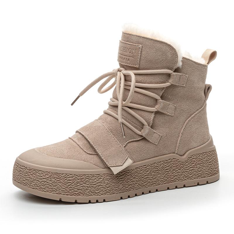 Leather real wool snow boots women's autumn and winter new cow suede thick hair heightening lace-up casual short boots women