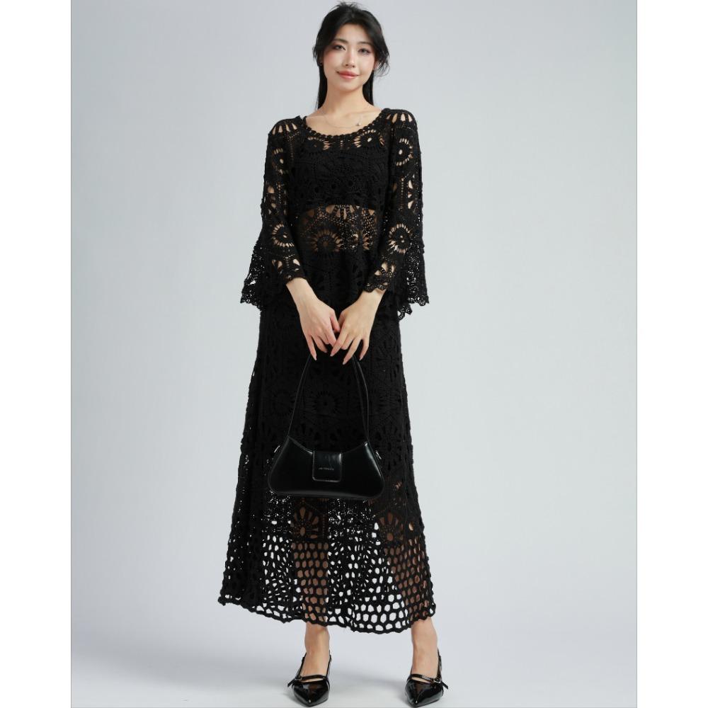 

DIMANAF 2025 Новый юбочный костюм женский пляжный с коротким рукавом кружевной вязаный с вырезами сексуальный с круглым вырезом полый летний стиль топы футболки свободный базовый one size чёрный