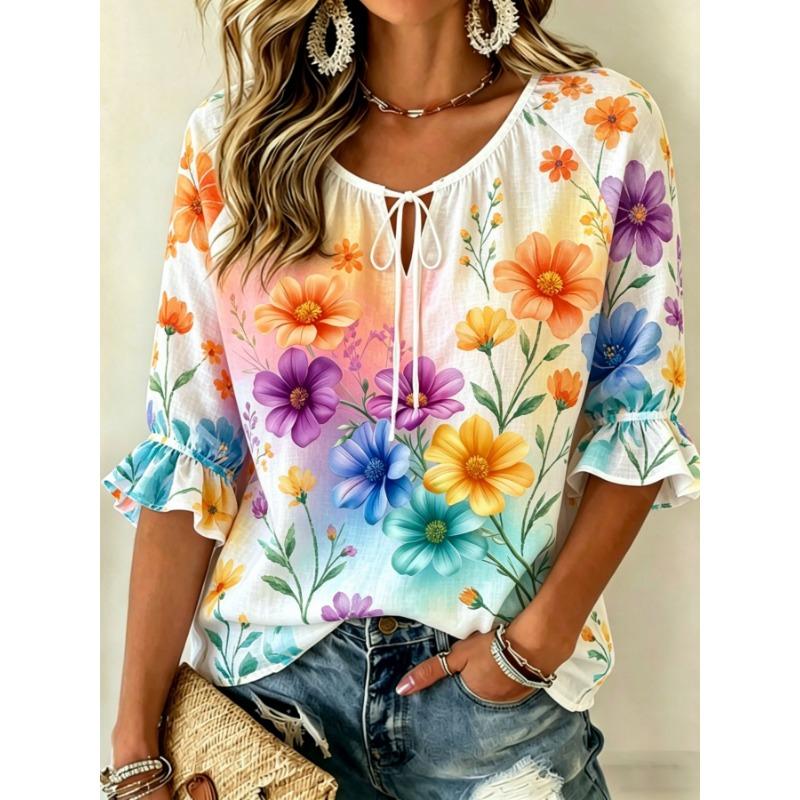 Women's Lavender Floral Print Tie Neck Blouse, Casual Loose Tops for Spring Summer Daily Wear & Vacation Occasions