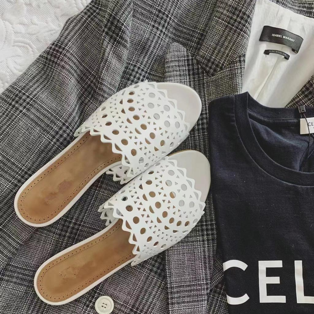 Leather Hollowed-out Laser Engraved Leather One-word Flat-bottomed Cool Slippers Women's Fashion 2025 New Summer Sandals