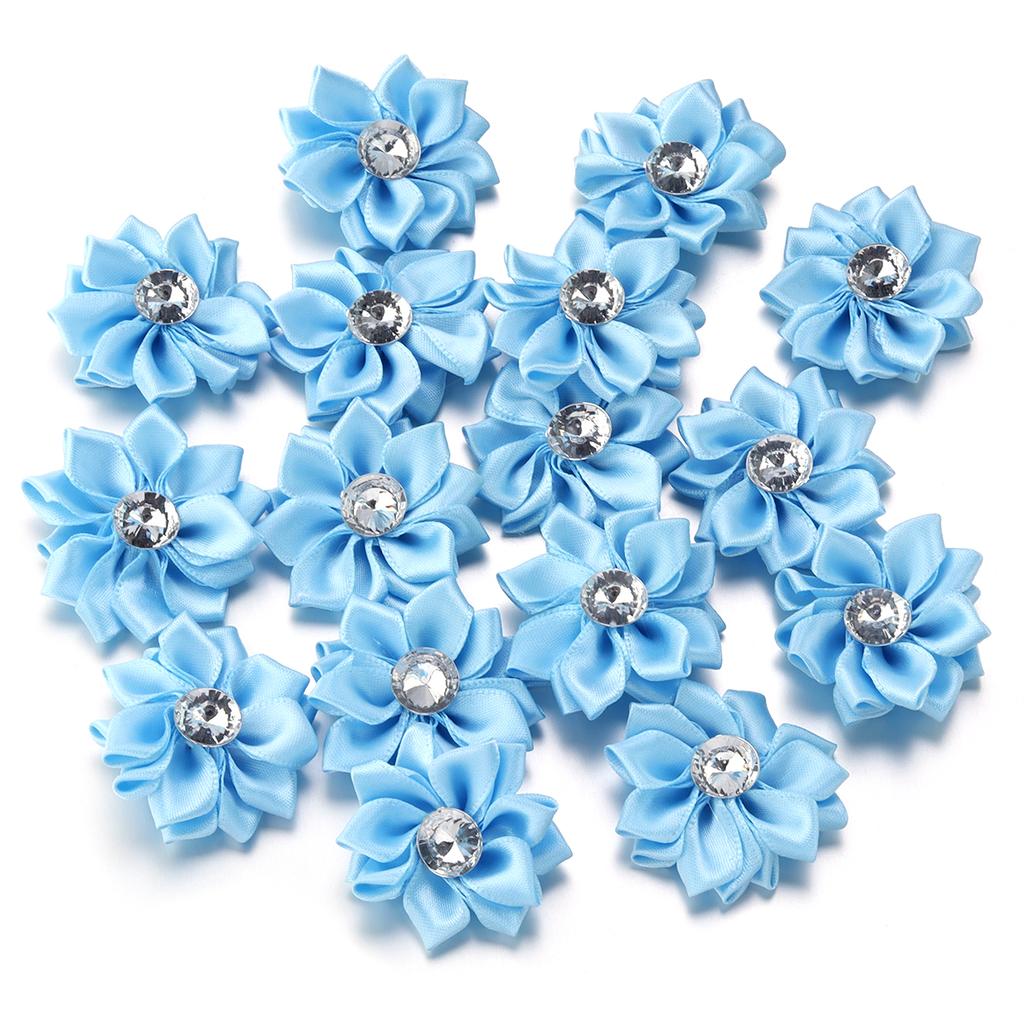 20pcs 4cm Mini Satin Ribbon Flowers Colorful Rhinestone Handmade Flowers For DIY Clothing Sewing Headwear Decoration Accessories