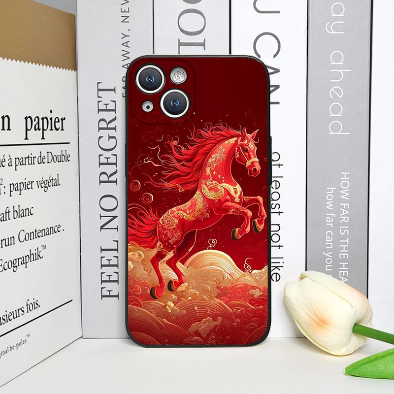 

Модный Чехол для Телефона в Китайском Стиле с Принтом Красной Лошади для iPhone 17 16 12 11 14 13 15 Pro Max 13 Mini X XS MAX XR 7 8 Plus Мягкий Чехол iPhone 14