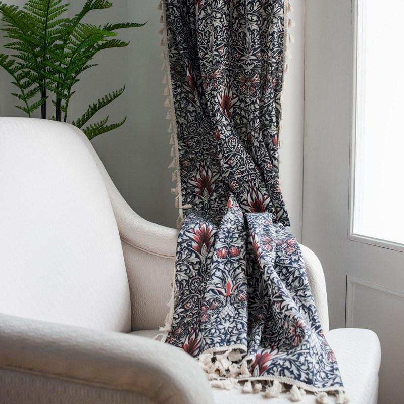 

American pastoral Cotton Linen Window Curtain with Tassels Blackout Valance for The Luxury Living Room Curtains Bedroom Balcony W150 x H160cm&Threading Rod
