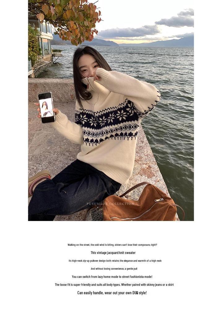 Women's Retro Fair Isle High-Neck Half-Zip Sweater Pullover | 2026 Autumn/Winter Collection | Trendy, Loose Jacquard Knit Top