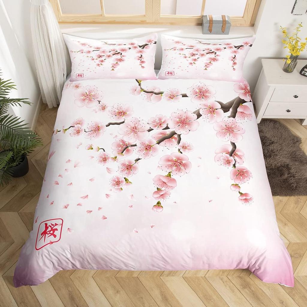 Cherry Blossoms Duvet Cover King for Women Ink Painting Black White Comforter Cover Romantic Theme Bedding Set with 2 Pillowcase