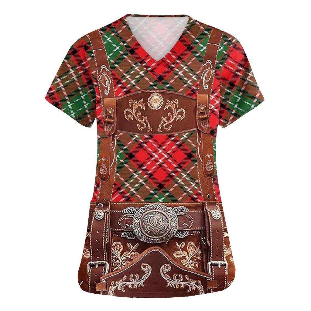Women's V Neck Short Sleeve Work Shirt with Pockets Oktoberfest Print Top Nursing Uniform Comfortable Fit Durable Material