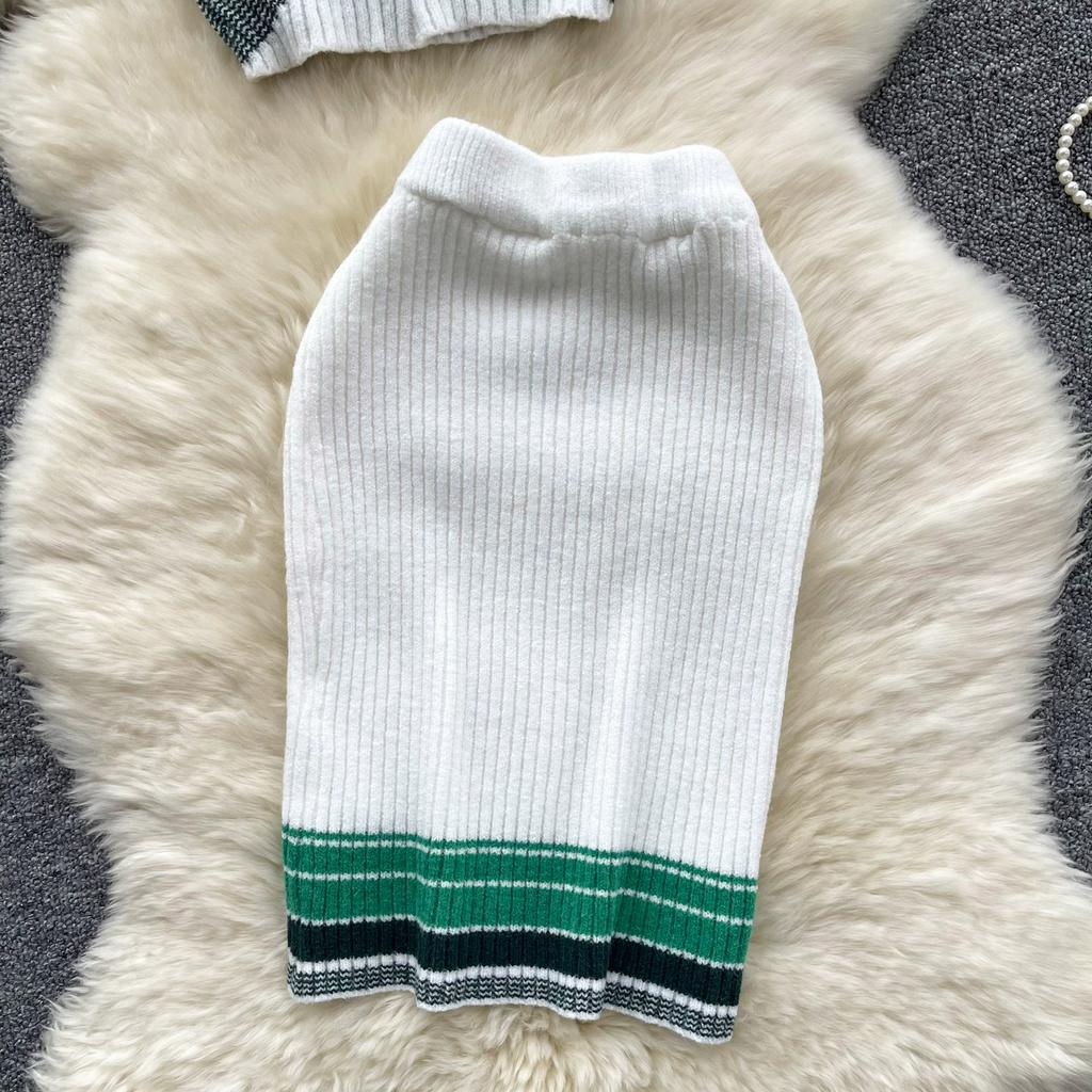 Summer Women Sexy Knitted Striped Sweater Halter Tops Vest and Mini Short Bodycon Sheath Skirt Two Piece Set