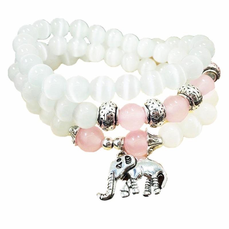 Crystal Opal Multi-loop Bracelet Women's Pink Bracelet Elephant Pendant Jewelry