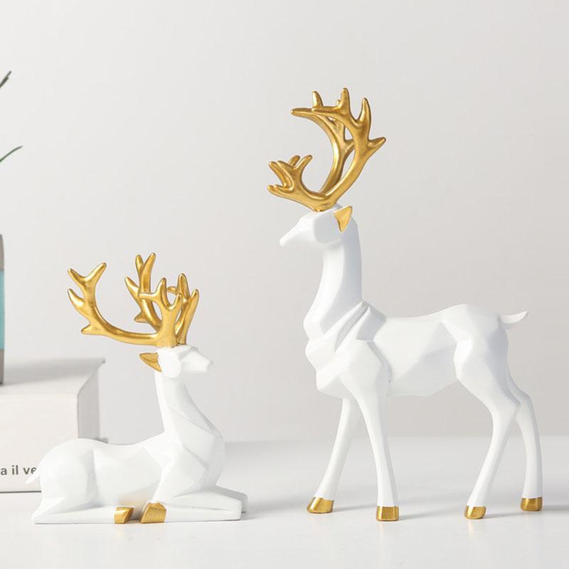 NORTHEUINS Resin Golden Mini Couple Deer Figurine for Interior Geometry Art Model Statue Home Living Room Desktop Entrance Decor