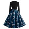 Women's Fashion Retro Long-sleeved Square Collar Christmas Printed Evening Dress