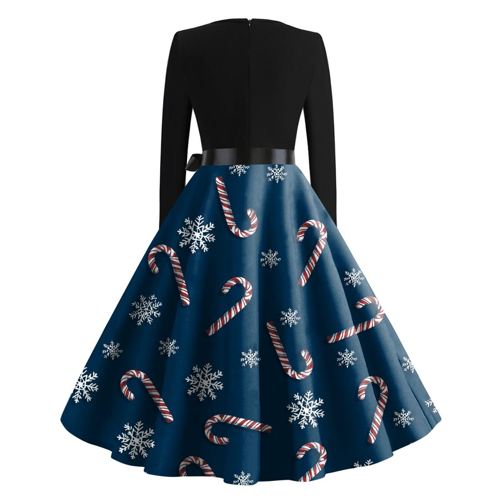 Women's Fashion Retro Long-sleeved Square Collar Christmas Printed Evening Dress