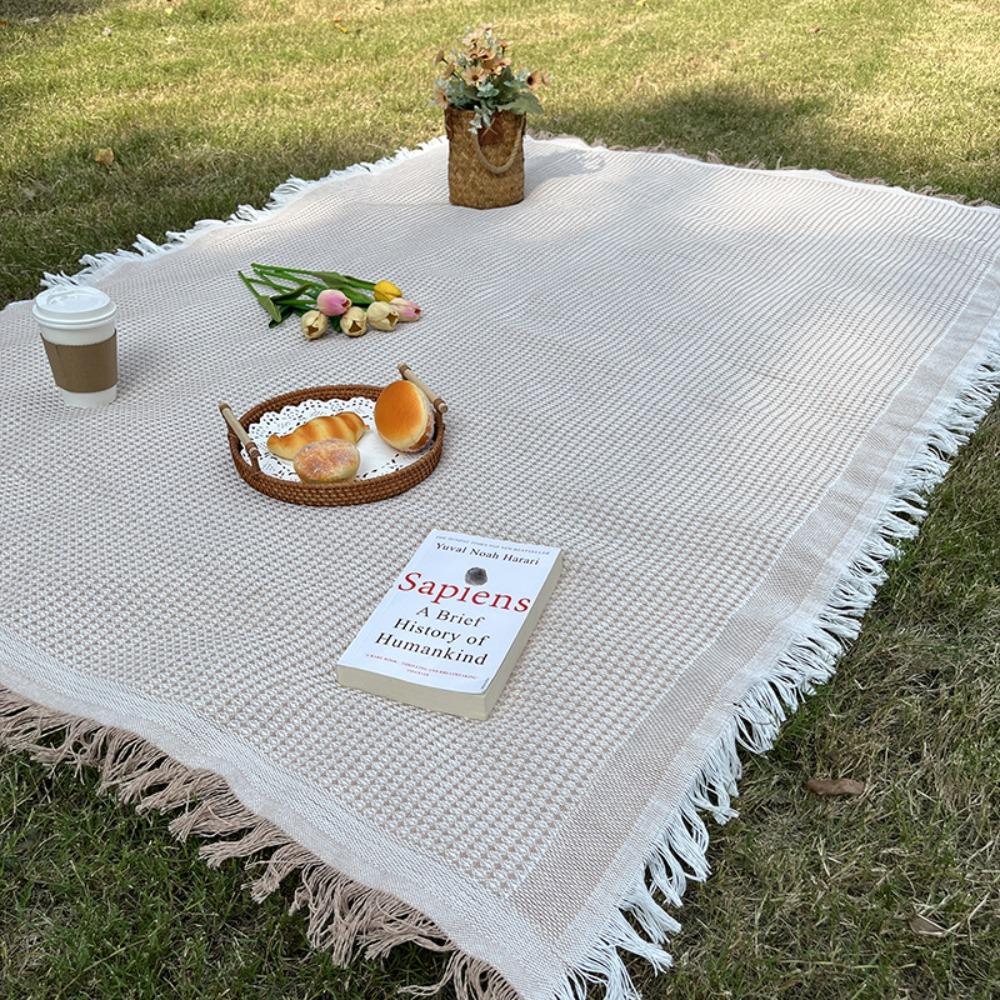 With Tassel Waffle Weave Tablecloth Thickened Outdoor Lawn Floor Mat  Outdoor