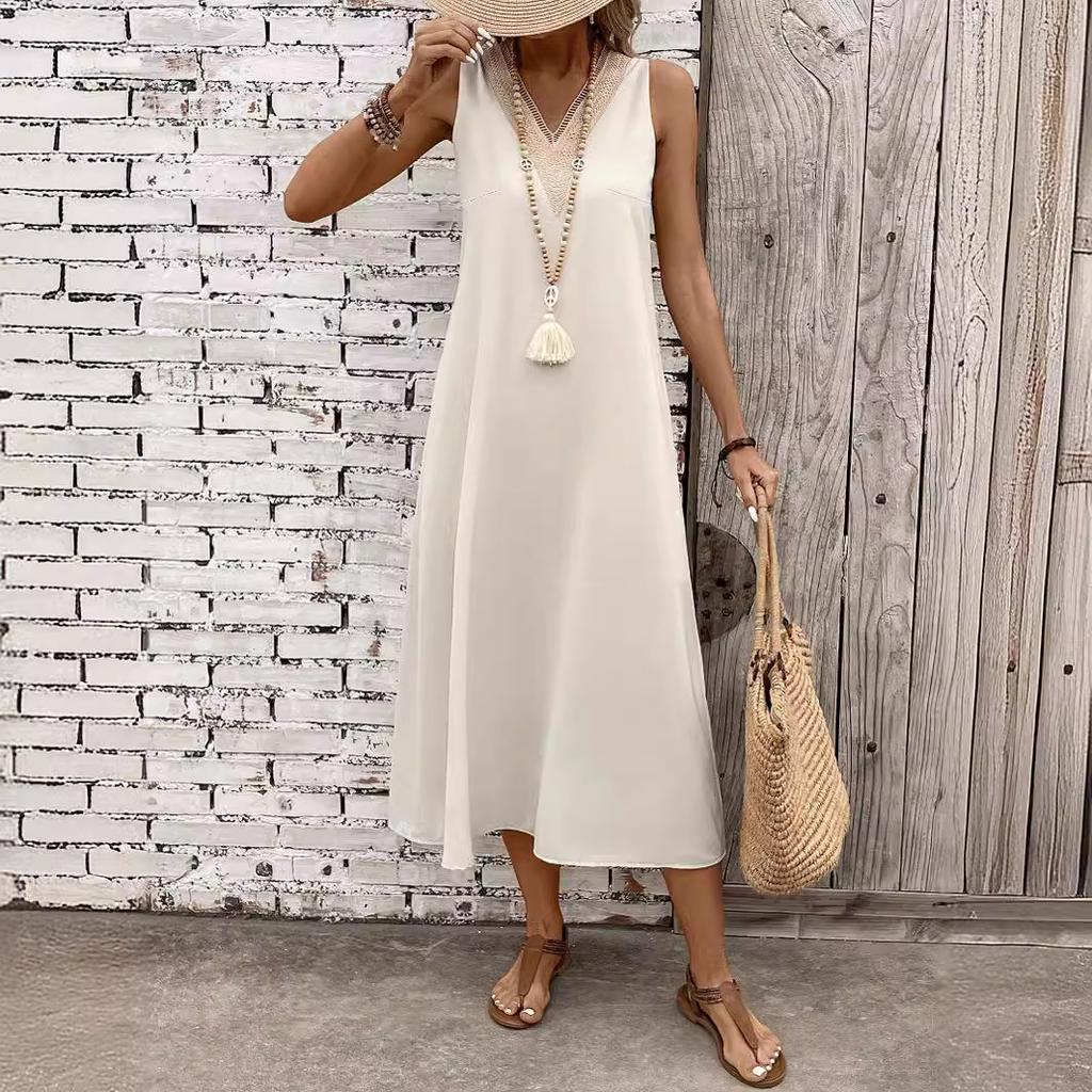 GMXIA Women's Dresses Solid Colour Sleeveless V-Neck Lace Loose Waist Long Dresses