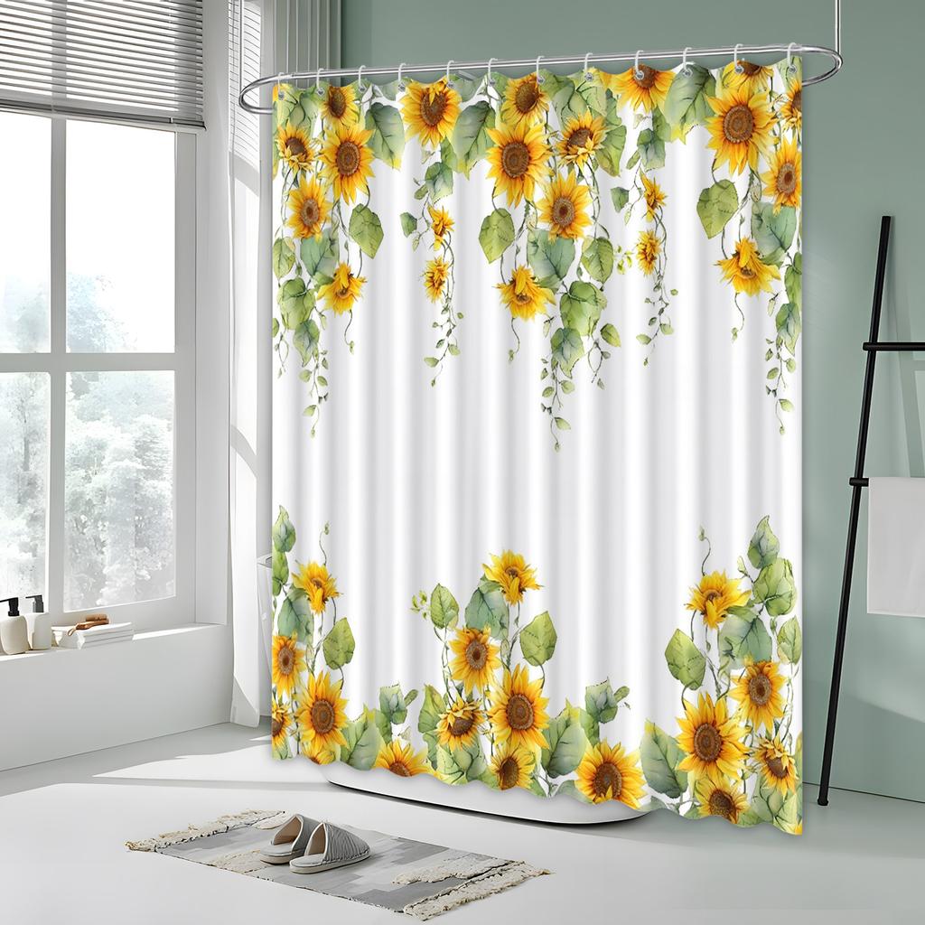 Featuring Vibrant Sunflowers, Green Leaves, Elegant Stripes, And Warm Sunshine For Bright Bathroom Decor