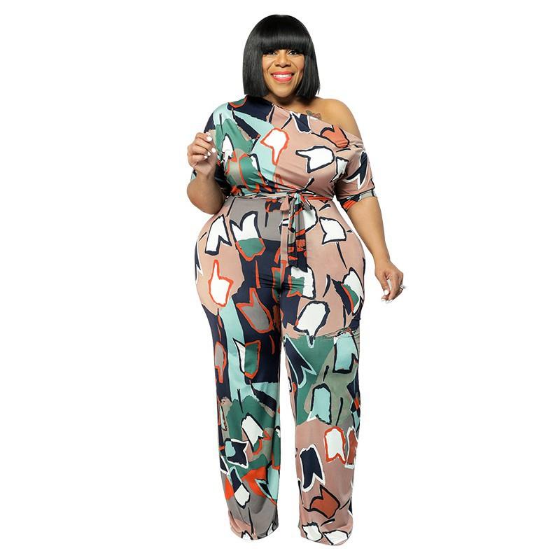 MY902 Plus Size Womens Off-Shoulder Printed Jumpsuit With Belt 2025 Knit Romper In Orange Beige Lavender Yellow Blue 1XL5XL