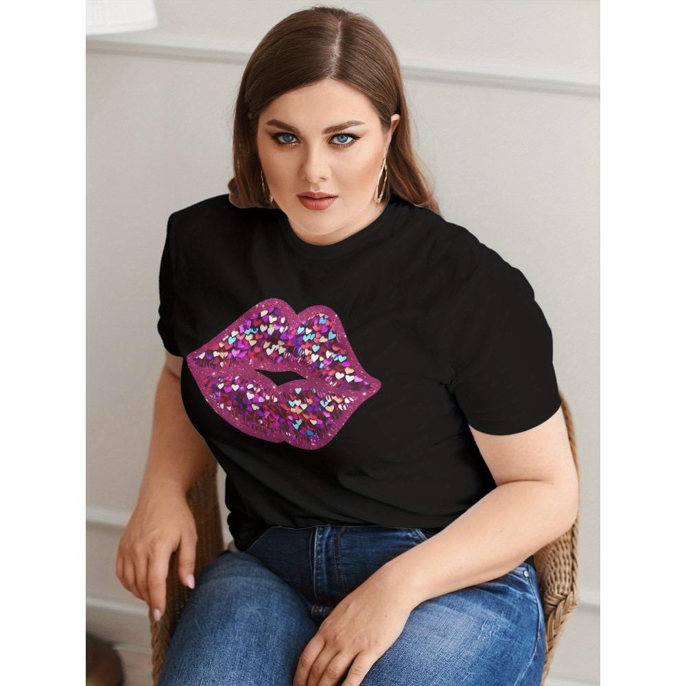 

Bold Lipstick Print T-shirt for Women, a charming summer top perfect for retro-themed events 5XL