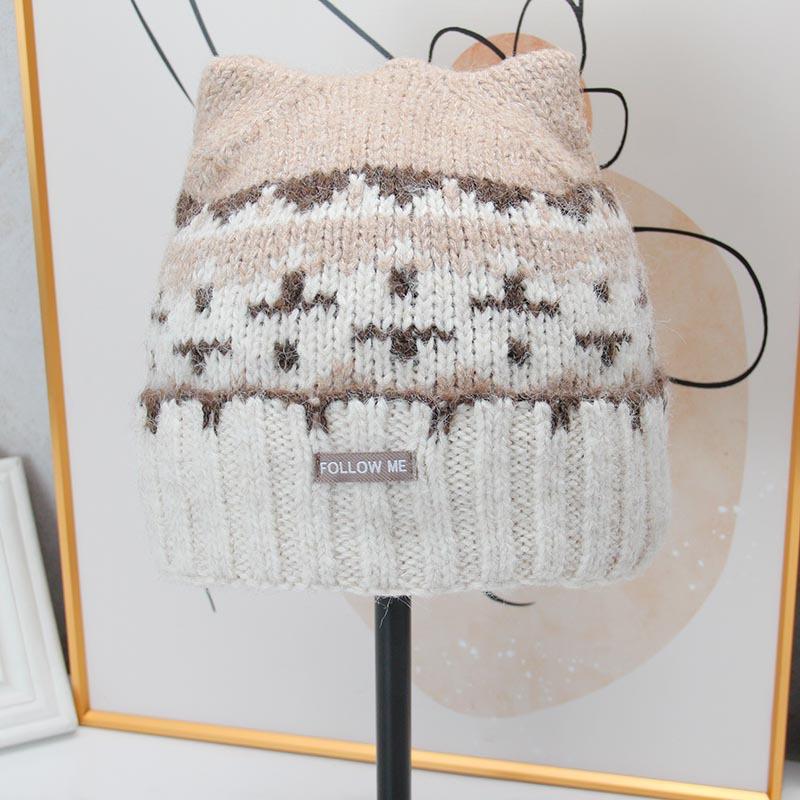Cute cat ear wool hat Nordic style jacquard knitted hat women's autumn and winter outdoor warm cover loose thickened hat tide
