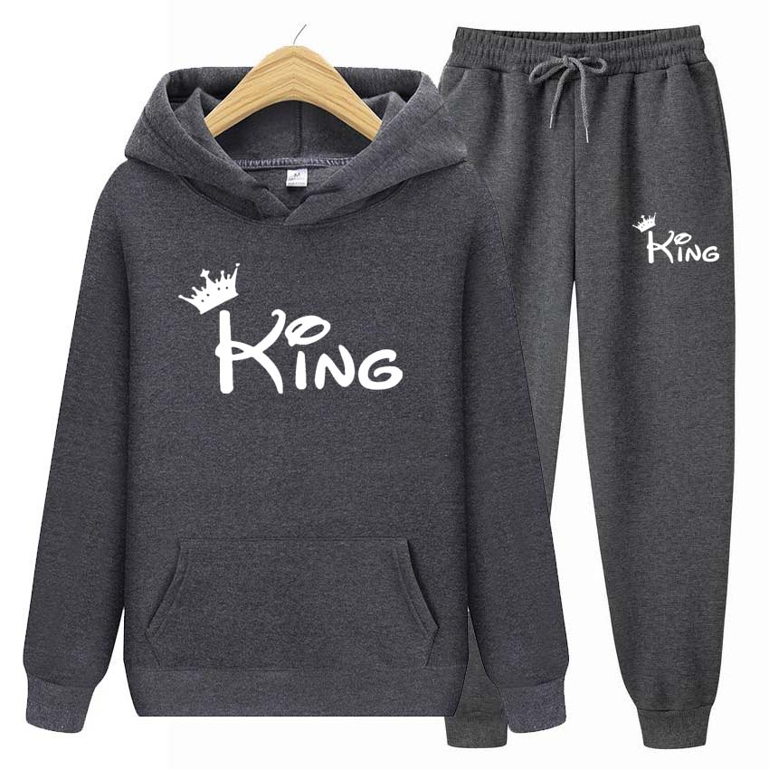 Podzim Zima Mikiny+Kalhoty dvoudílná sada král Potisk Pánské Dámské Mikiny Tepláky Jogger Kalhoty tlusté Teplé oblečení Muži