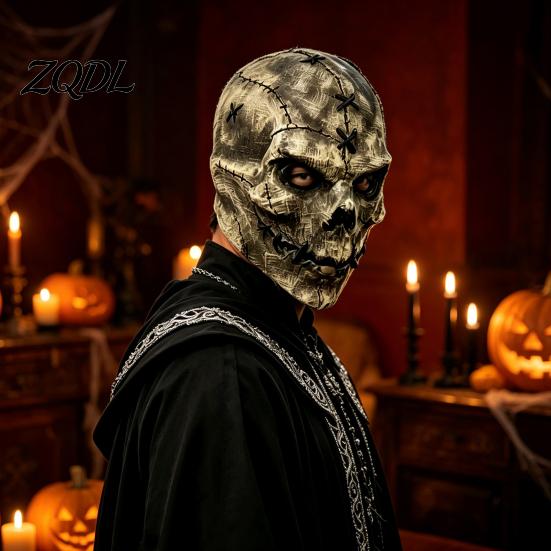 Realistic Stitching Texture Horror Latex Skull Masque, Scary Halloween Hood Masque with Detailed Props Stitched Texture, Creepy Costume Accessory for