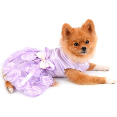 Pet Dress for Small Dog Girls Luxury Puppy Wedding Dress Rose Flower Lace Tutu Skirt Silky Bow Birthday Party Dog Clothes,Purple,Size M