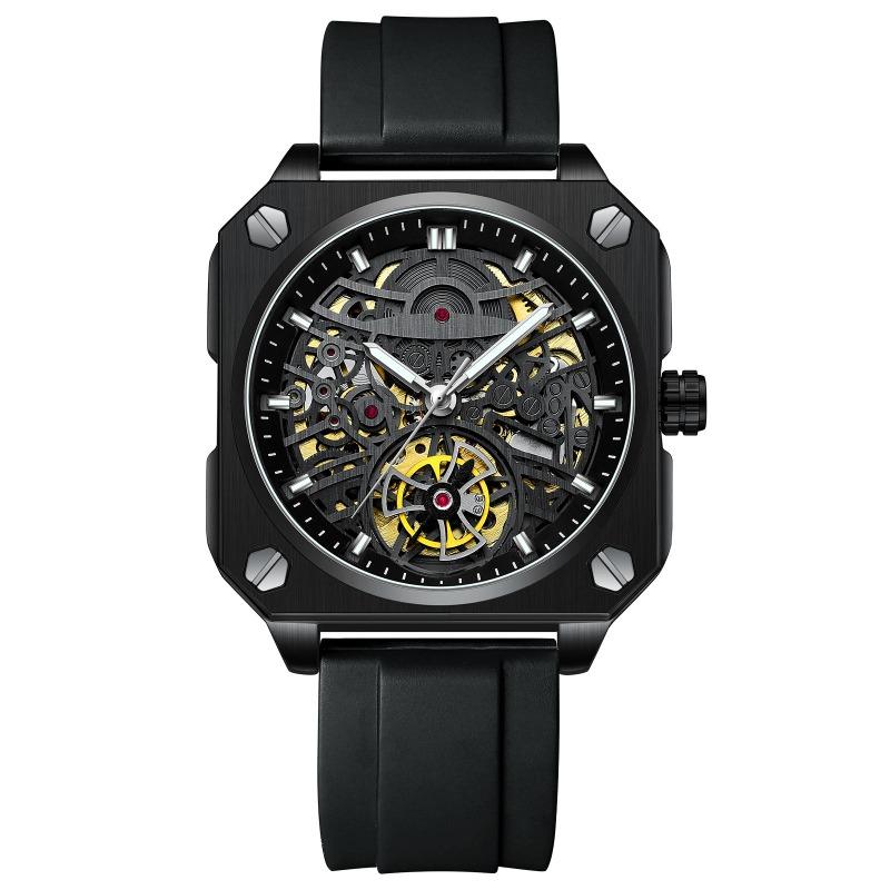 BINBOND Transparent Waterproof Luminous Watches Trendy Hollowed Out Square Men Watch Skeleton Tourbillon Fully Automatic Mechanical Wristwatch