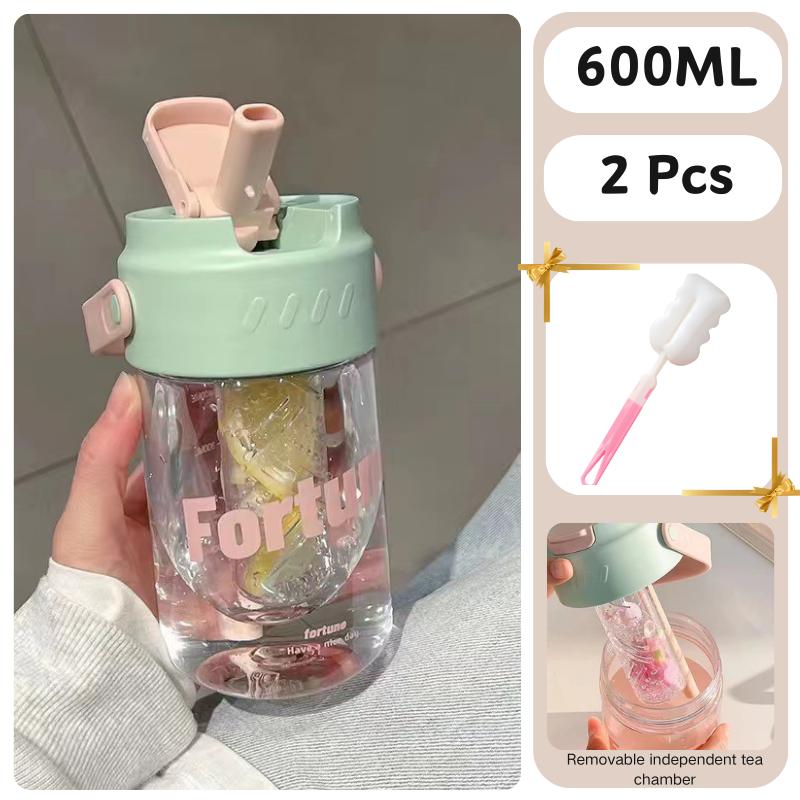 600ml Large Capacity Sports Water Bottle With Hidden Straw Portable Sealed Leak-Proof Plastic Space Cup Outdoor Travel Camping
