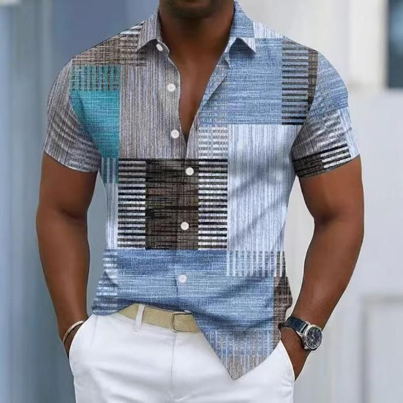 Men's Geometric Patchwork Printed Short Sleeve Button Down Shirt