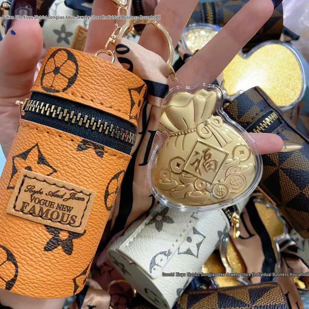 999 Pure Gold Fu Character Keychain: Vintage Flower Bag Charm & Cartoon Ornament Gift