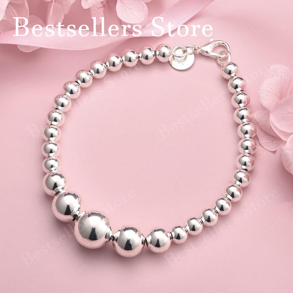 925 Sterling Silver 8-inch Smooth Round Bead Bracelet, Fashionable Men's and Women's Party Wedding Jewelry Accessories