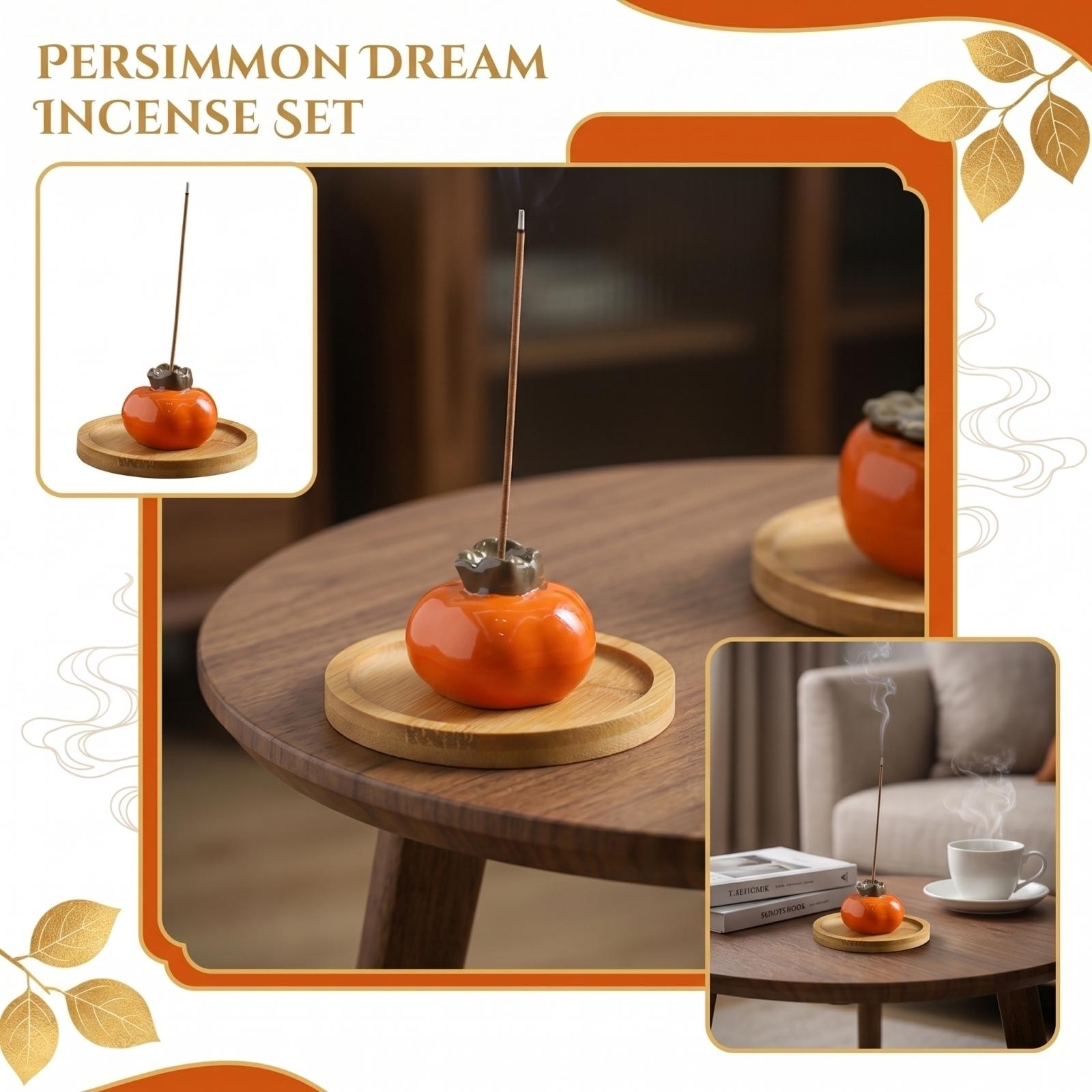 Creative Home Decor Incense Holder Set Wooden Round Tray with Ceramic Persimmon Shape Incense Stick Holder and 40 Incense Sticks for Indoor Use one size оранжевый