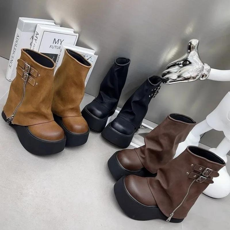 Hot Girl Style Black Brown Round Toe Boots Platform Women Knee High Boots Belt Buckle Slip On Design Side Zipper Knight Boots
