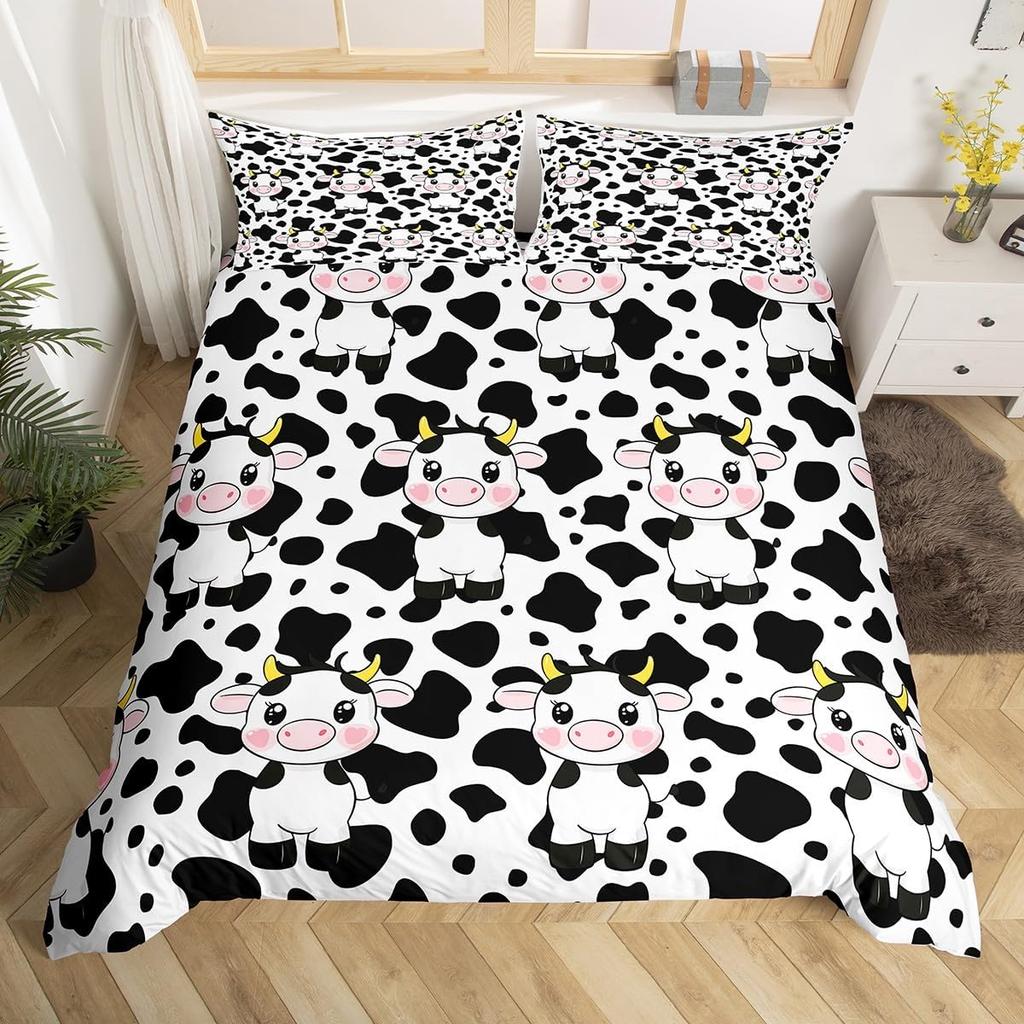 Cartoon Farmhouse Duvet  Cover Set Queen King Size Cute Cow Farm Animal Bedding Set 3 Piece Set with 2 Pillowcases No Quilt