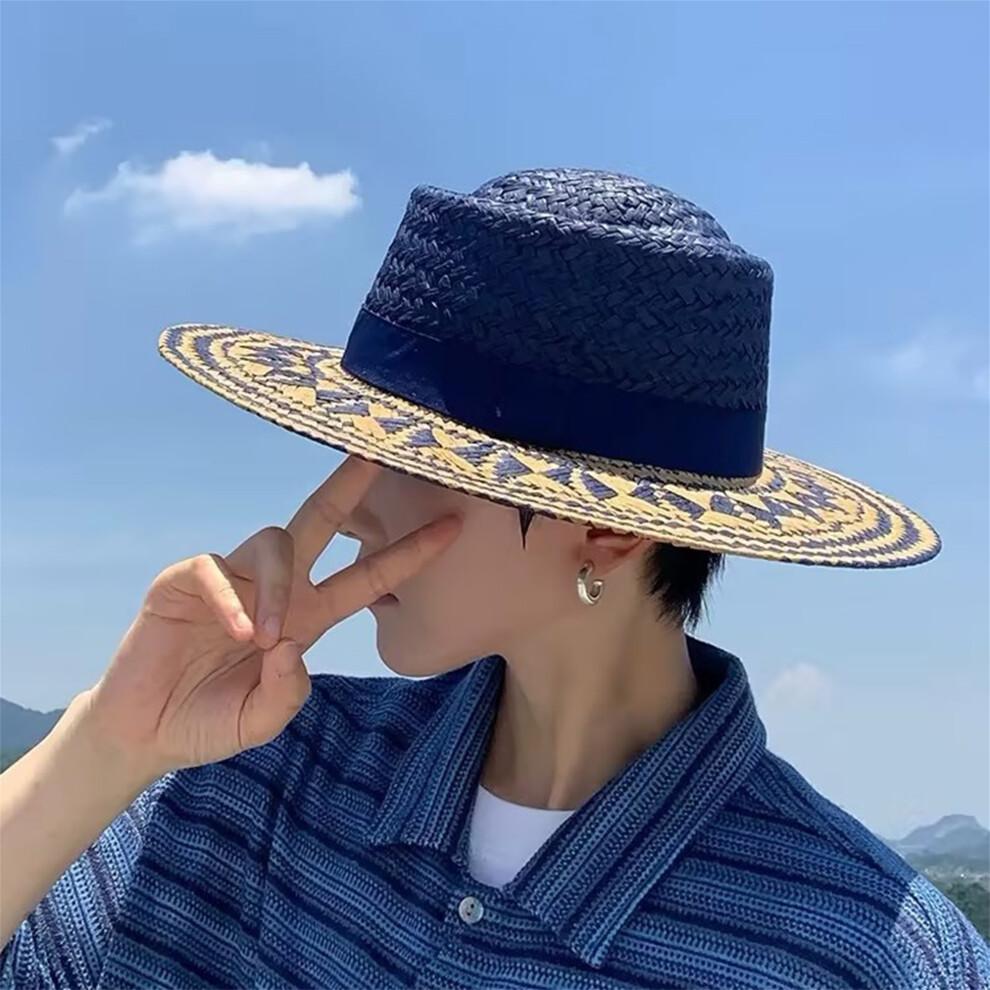 (L, Blue) Men Women Straw Sun Hat Breathable Ethnic Style Stylish Flat Top Wide Brim Beach Hat
