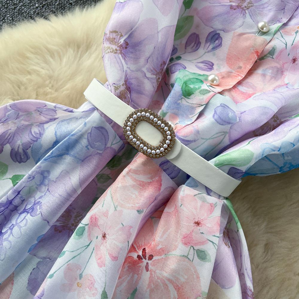 Vacation style V-neck lace-up waist printed dress women's summer short-sleeved lapel long dress temperament commuter women's clothing