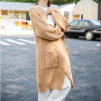 New Fashion Medium and Long Sweater Jacket Women's Autumn and Winter Retro Twist Knitted Cardigan High-end Lazy Style