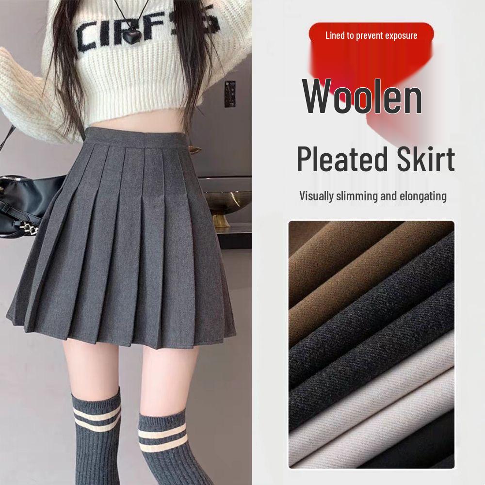 Autumn Winter Thickened Wool Pleated A-Line High Waist Plus Size Short Skirt for Petite Women