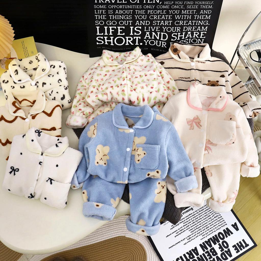 Kids Fleece Pajama Set Boys Girls Thickened Flannel Warm Open Front Home Wear Loungewear For Winter