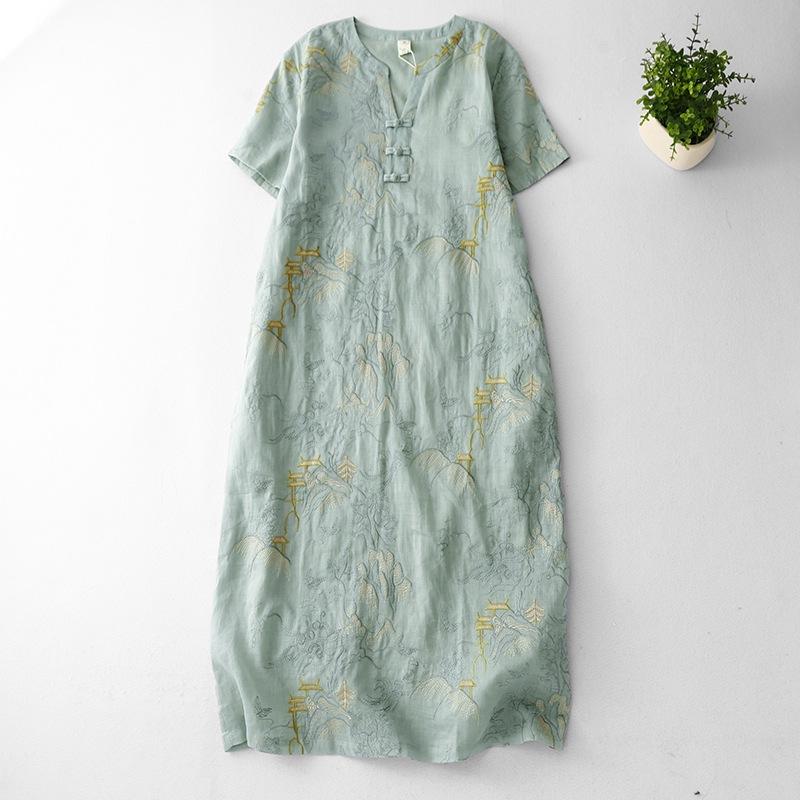 

Medium embroidery cotton and linen dress women s 2025 summer new retro V-neck buckle short-sleeved skirt 2XL