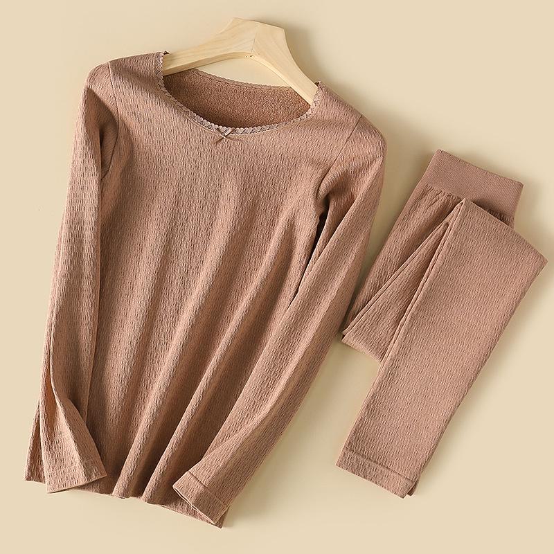 

Женский термокомплект - На флисе, Хлопковый терри, Круглый вырез, Отделка бантом, Осень/Зима. One Size коричневый