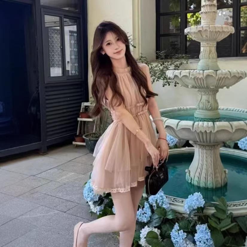 Celebrity daughter wind neck sleeveless dress women's summer sweet bow strap waist bud irregular short skirt