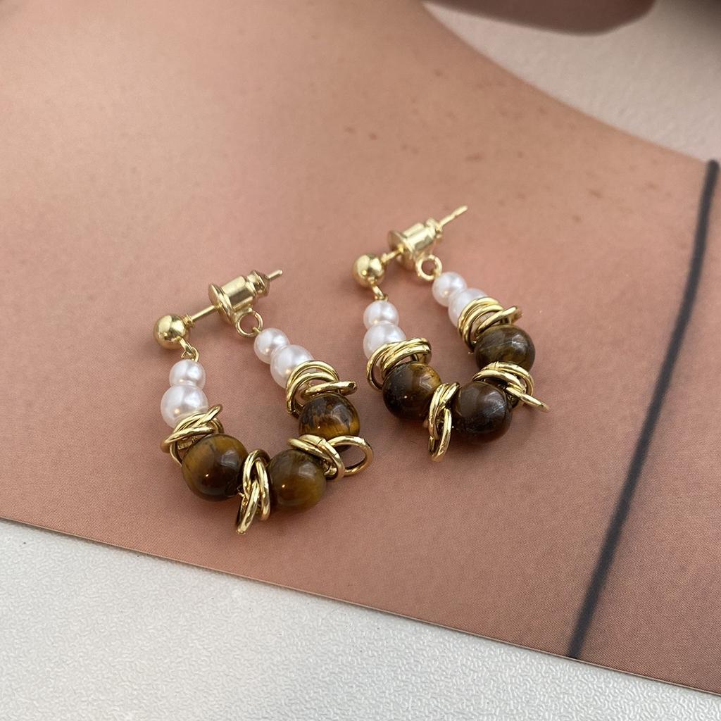 Vintage Maillard Style Opal Splicing Pearl Earrings Exquisite Compact Geometric Earrings
